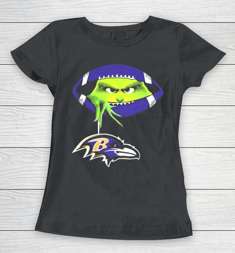 Ew People The Grinch Hold Baltimore Ravens Logo Women T-Shirt