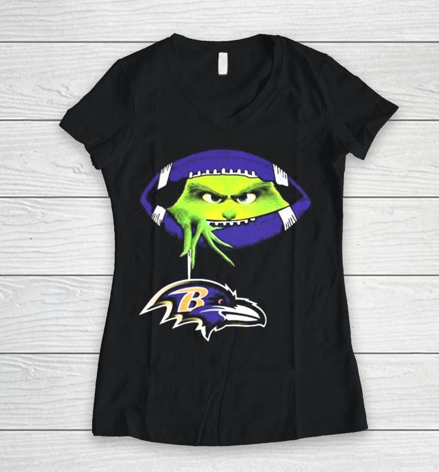 Ew People The Grinch Hold Baltimore Ravens Logo Women V-Neck T-Shirt