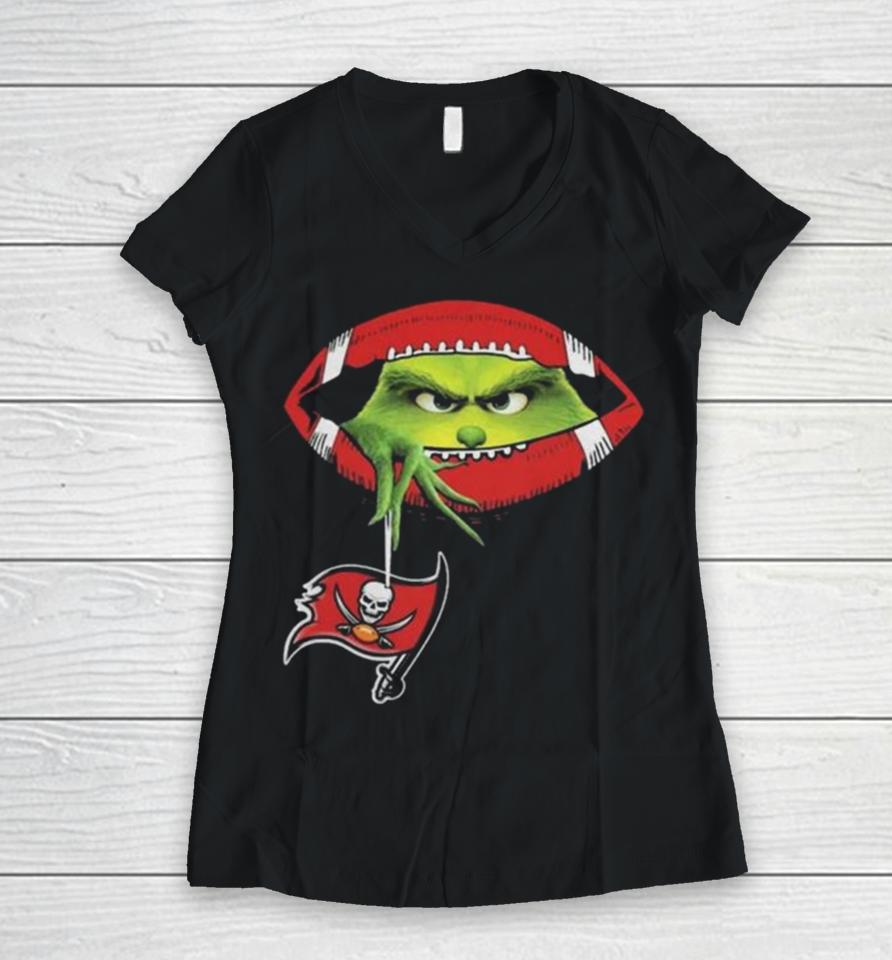 Ew People The Grinch Hold Tampa Bay Buccaneers Logo Women V-Neck T-Shirt
