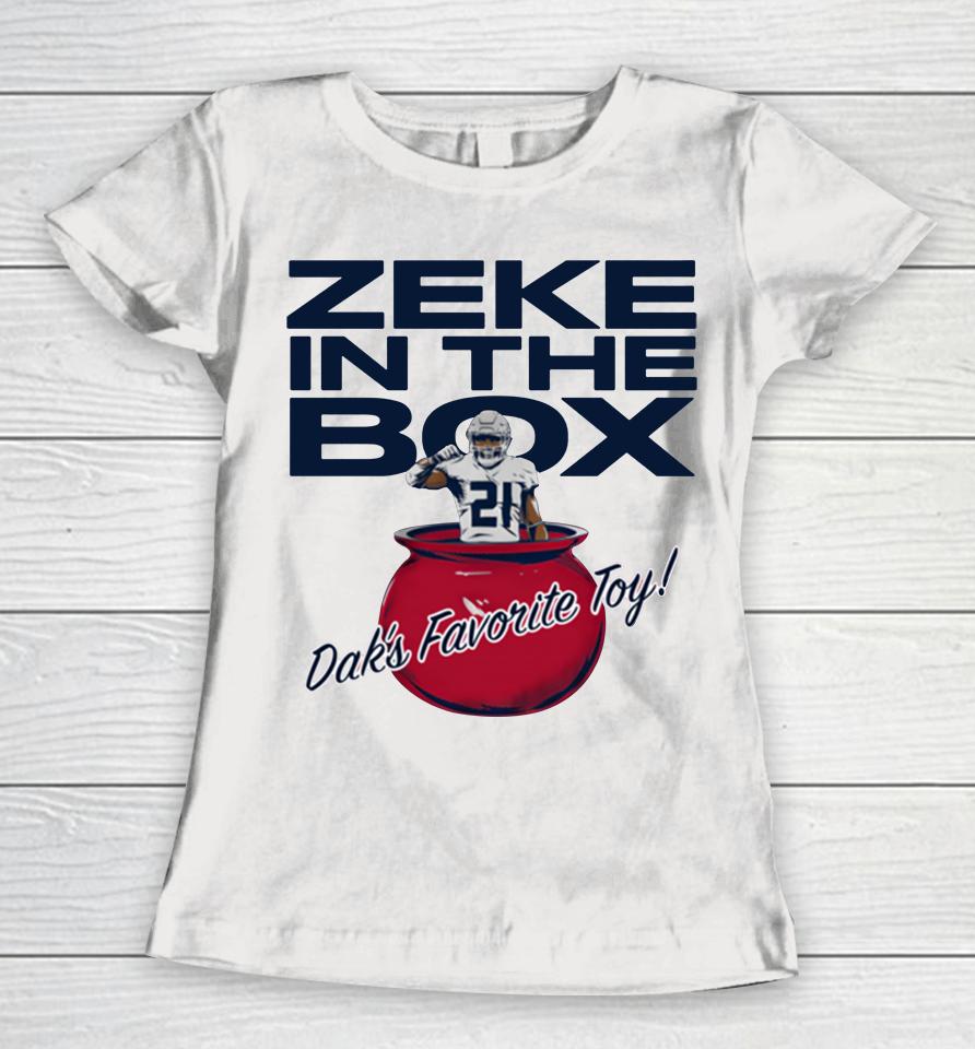 Ezekiel Elliott And Dak Prescott Zeke In The Box Dak's Favorite Toy Women T-Shirt