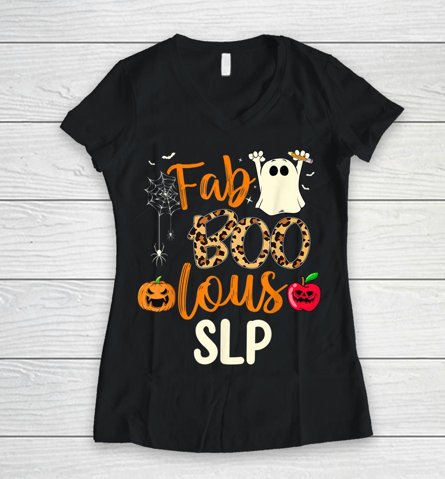 Fab Boo Lous Slp Leopard Spooky Halloween Women V-Neck T-Shirt