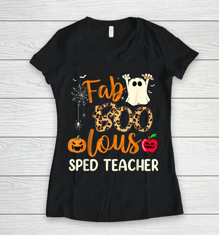 Fab Boo Lous Sped Teacher Leopard Spooky Halloween Women V-Neck T-Shirt
