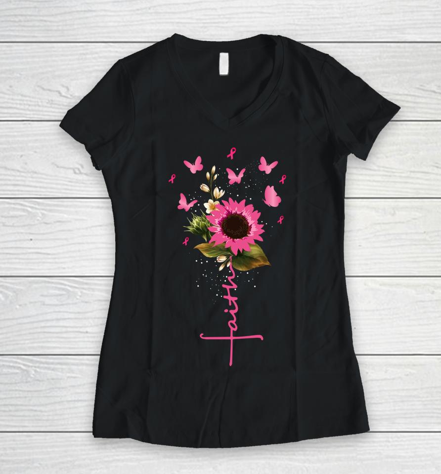 Faith Cross Breast Cancer Awareness Christian Gift Women V-Neck T-Shirt