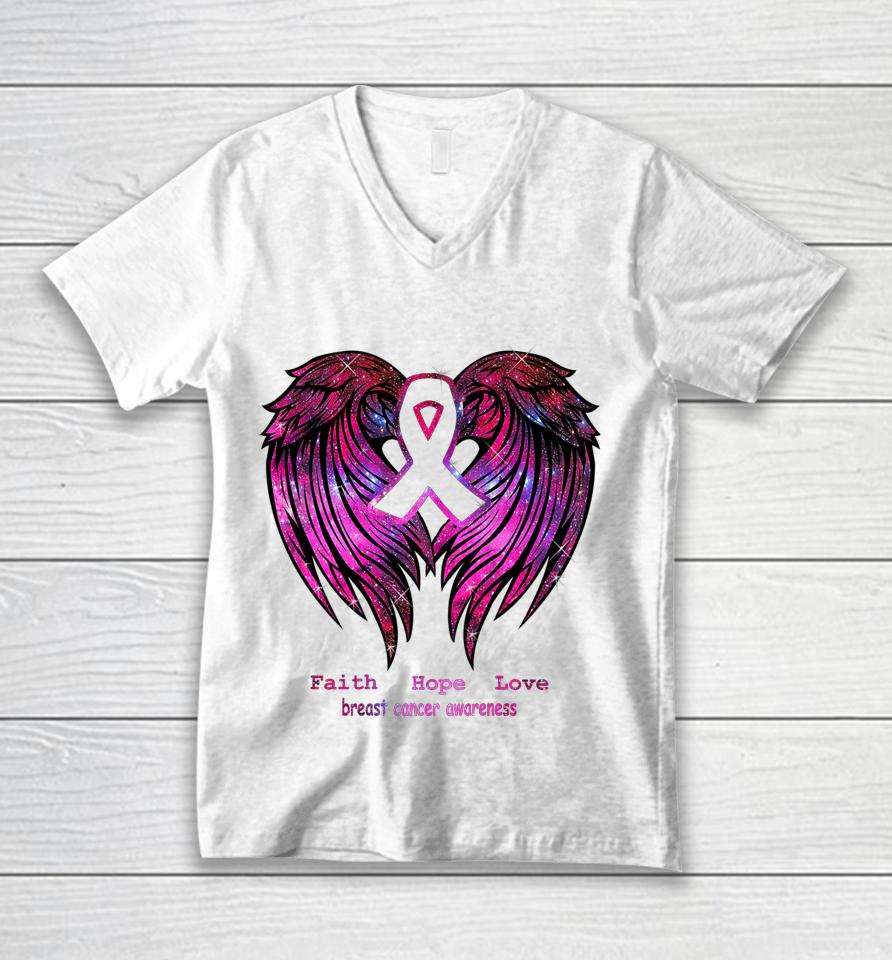 Faith Hope Love Breast Cancer Awareness Pink Wings Back Unisex V-Neck T-Shirt