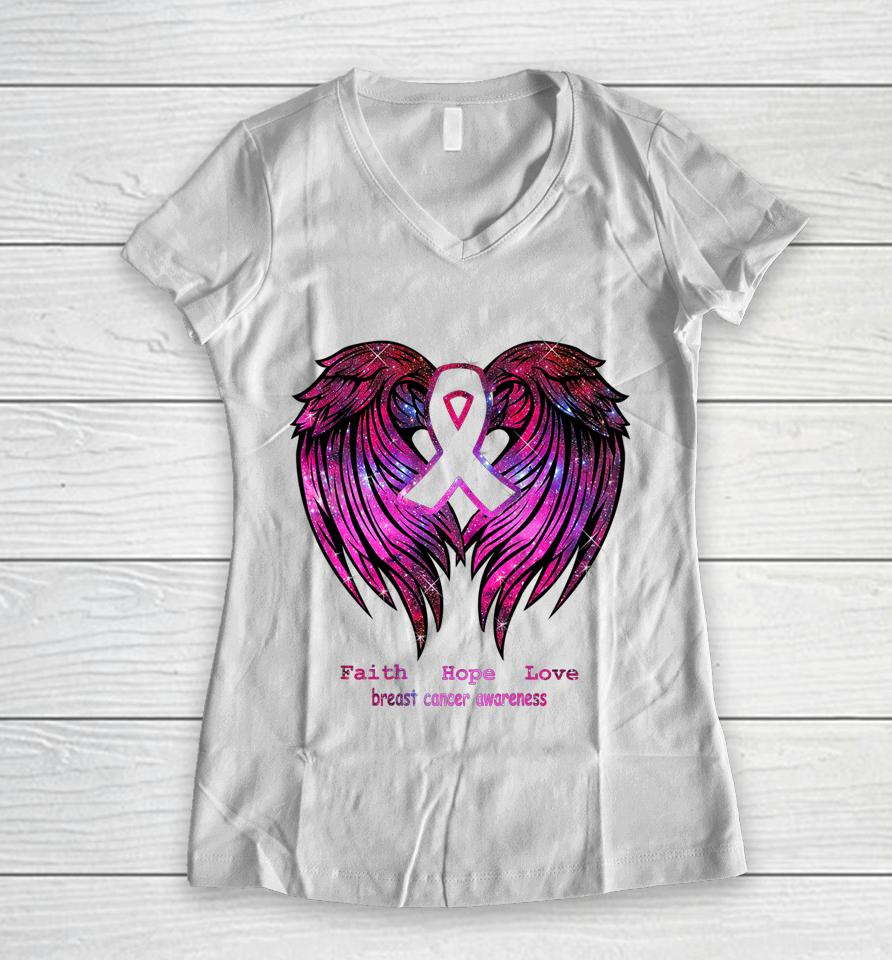 Faith Hope Love Breast Cancer Awareness Pink Wings Back Women V-Neck T-Shirt