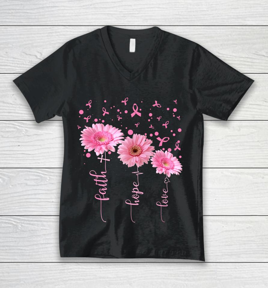Faith Hope Love Daisy Pink Ribbon Breast Cancer Awareness Unisex V-Neck T-Shirt