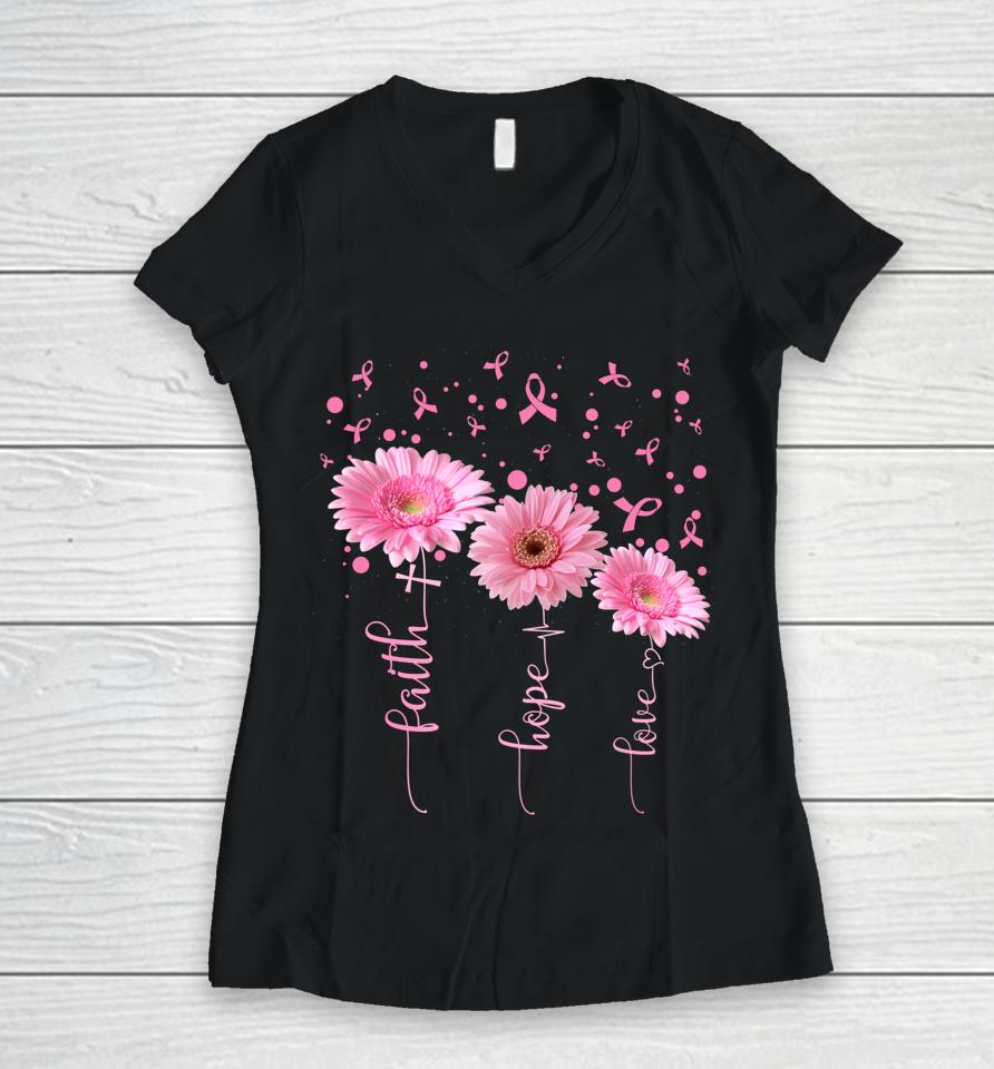 Faith Hope Love Daisy Pink Ribbon Breast Cancer Awareness Women V-Neck T-Shirt
