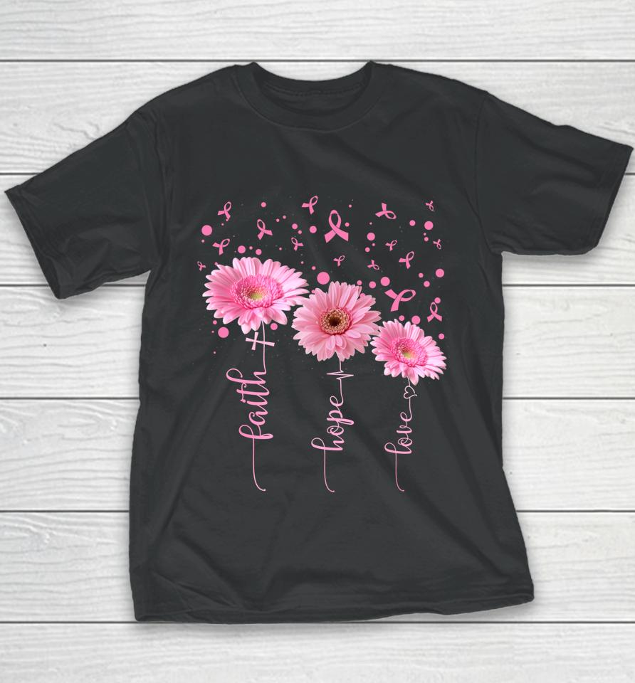 Faith Hope Love Daisy Pink Ribbon Breast Cancer Awareness Youth T-Shirt