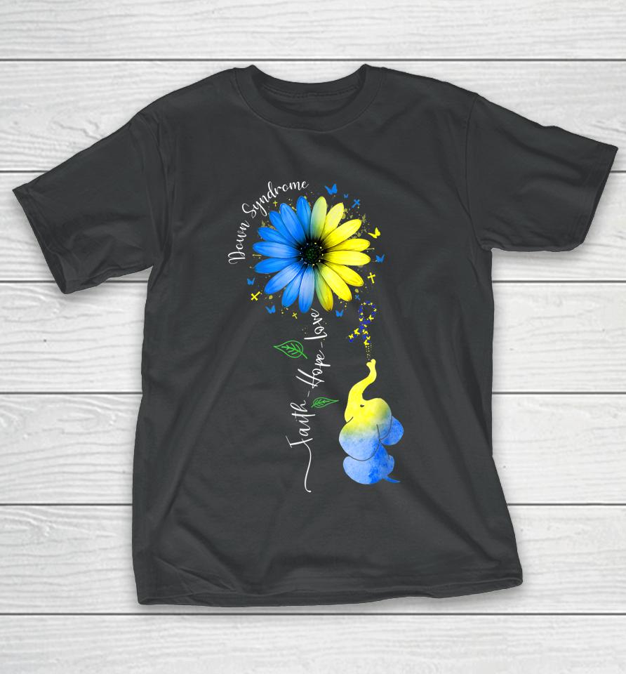 Faith Hope Love Down Syndrome Awareness Ribbon Yellow Blue T-Shirt