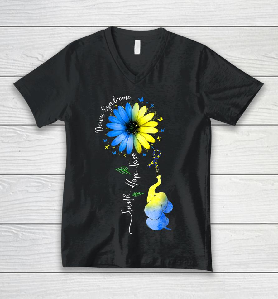 Faith Hope Love Down Syndrome Awareness Ribbon Yellow Blue Unisex V-Neck T-Shirt