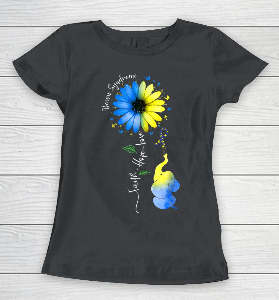Faith Hope Love Down Syndrome Awareness Ribbon Yellow Blue Women T-Shirt