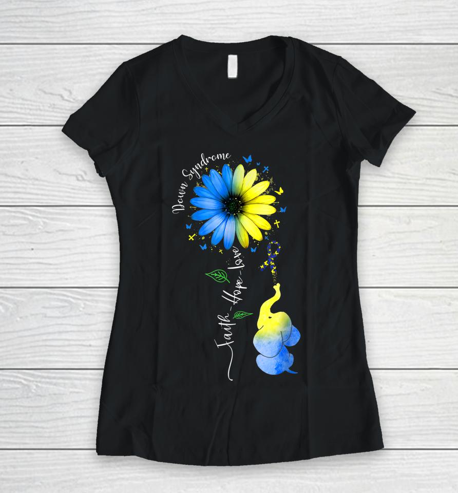 Faith Hope Love Down Syndrome Awareness Ribbon Yellow Blue Women V-Neck T-Shirt