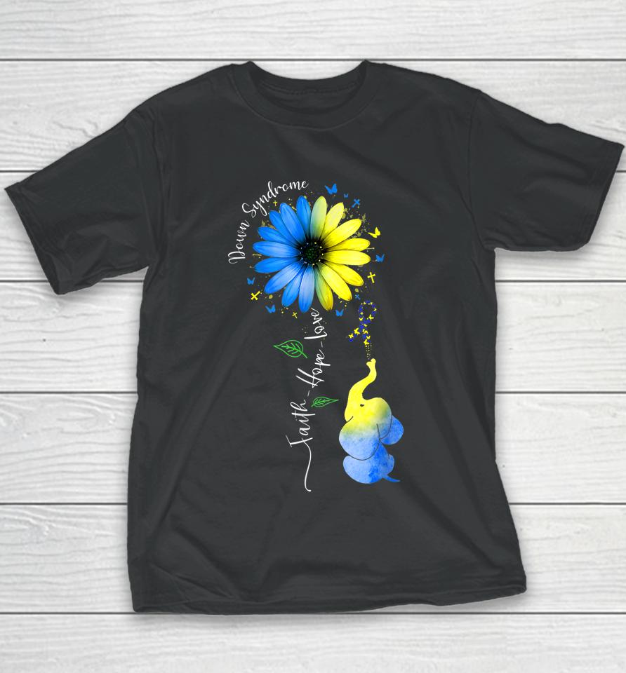 Faith Hope Love Down Syndrome Awareness Ribbon Yellow Blue Youth T-Shirt