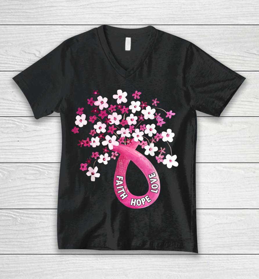 Faith Hope Love Pink Ribbon Breast Cancer Awareness Unisex V-Neck T-Shirt