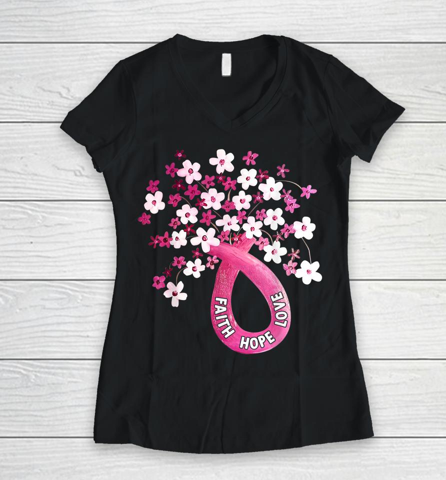 Faith Hope Love Pink Ribbon Breast Cancer Awareness Women V-Neck T-Shirt