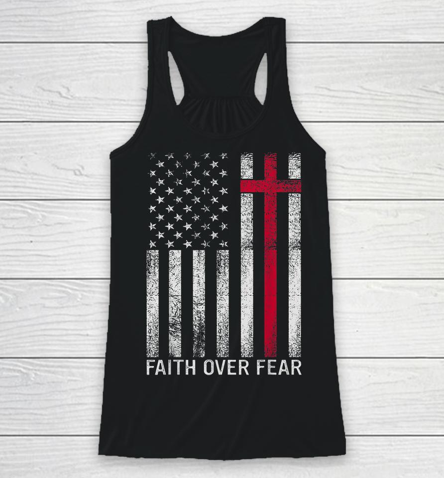 Faith Over Fears Cool Christian Cross American Usa Flag Racerback Tank