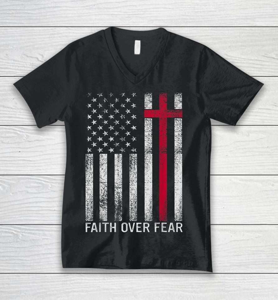 Faith Over Fears Cool Christian Cross American Usa Flag Unisex V-Neck T-Shirt