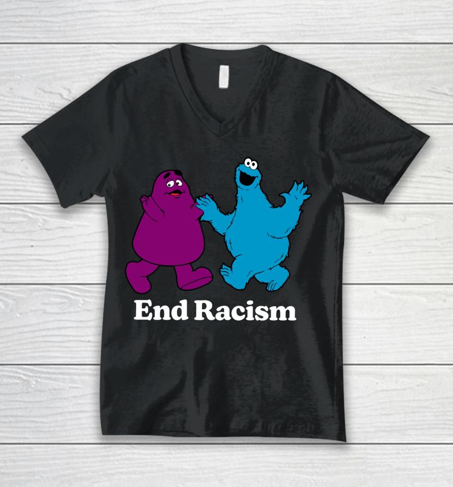 Fakehandshake End Racism Grimace And Cookie Monster Unisex V-Neck T-Shirt