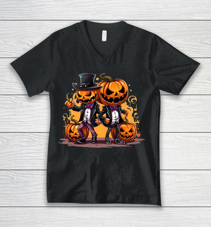 Fall Autumn Halloween Jack O Lantern Funny Pumpkins In Suits Unisex V-Neck T-Shirt