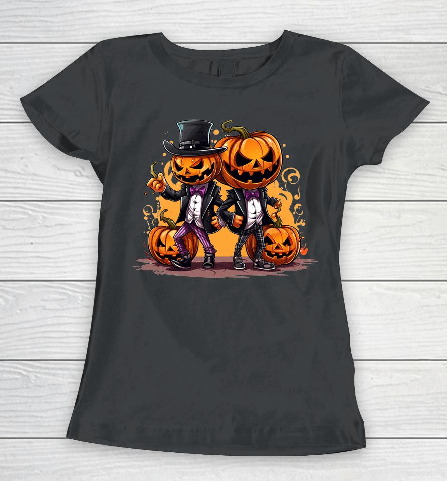 Fall Autumn Halloween Jack O Lantern Funny Pumpkins In Suits Women T-Shirt