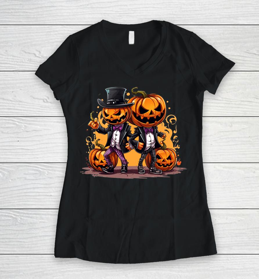Fall Autumn Halloween Jack O Lantern Funny Pumpkins In Suits Women V-Neck T-Shirt