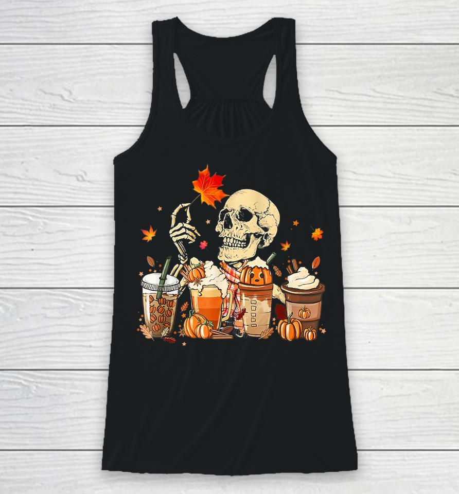 Fall Coffee Pumpkin Latte Iced Autumn Skeleton Skull Season Racerback Tank