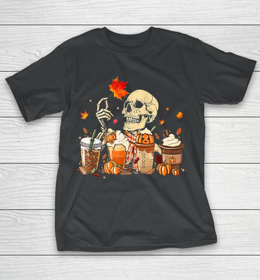 Fall Coffee Pumpkin Latte Iced Autumn Skeleton Skull Season T-Shirt