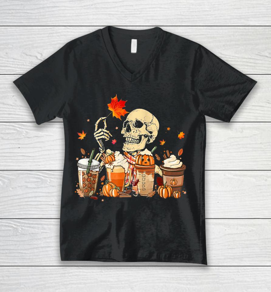 Fall Coffee Pumpkin Latte Iced Autumn Skeleton Skull Season Unisex V-Neck T-Shirt