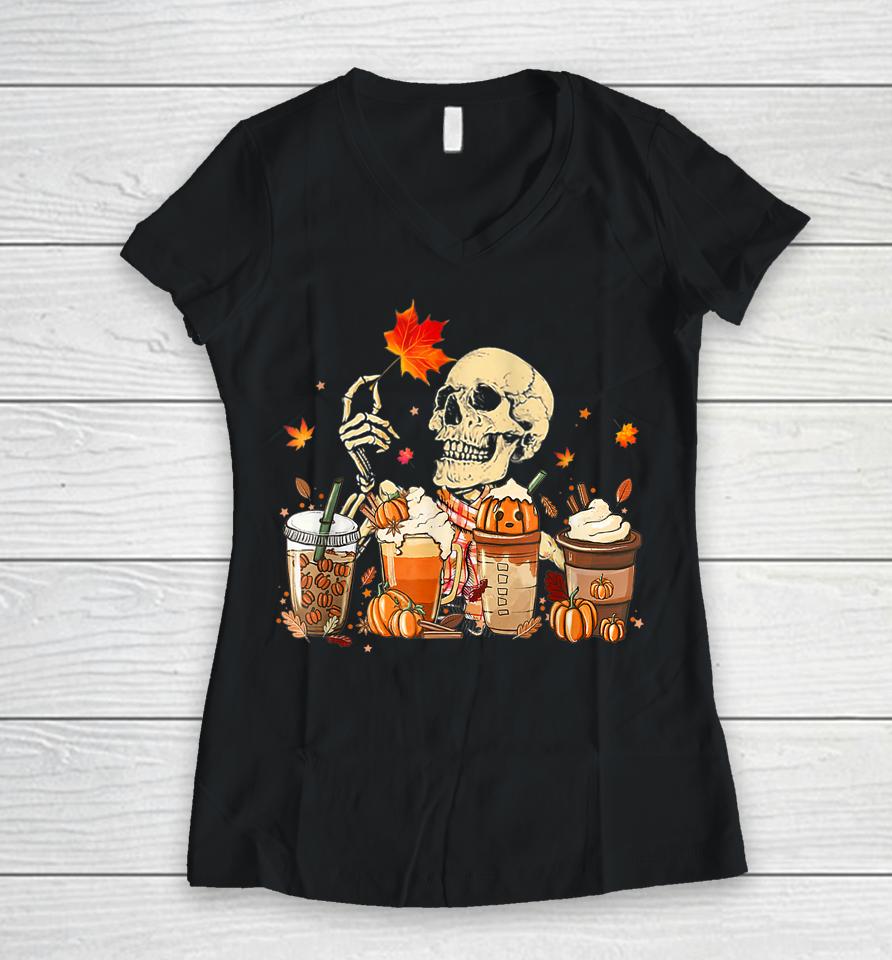 Fall Coffee Pumpkin Latte Iced Autumn Skeleton Skull Season Women V-Neck T-Shirt