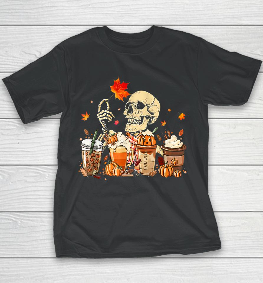 Fall Coffee Pumpkin Latte Iced Autumn Skeleton Skull Season Youth T-Shirt