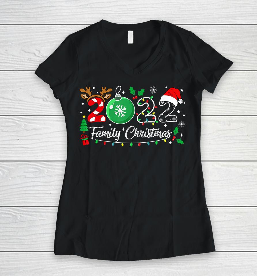 Family Christmas 2022 Merry Xmas Ball Light Garden Reindeer Women V-Neck T-Shirt
