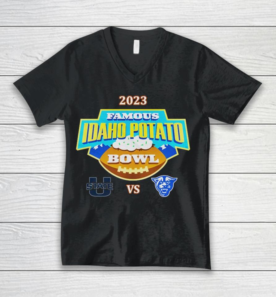 Famous Idaho Potato Bowl 2023 Utah State Vs Georgia State At Albertsons Stadium Boise Id Unisex V-Neck T-Shirt
