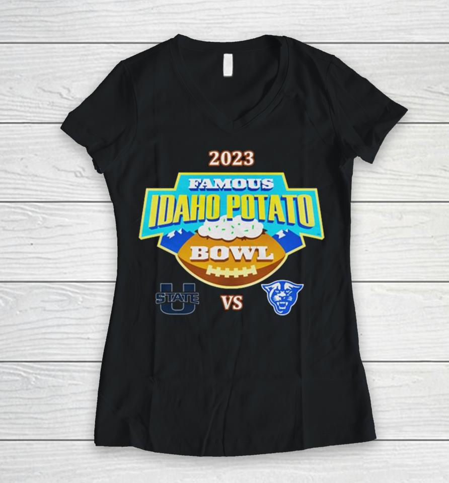 Famous Idaho Potato Bowl 2023 Utah State Vs Georgia State At Albertsons Stadium Boise Id Women V-Neck T-Shirt