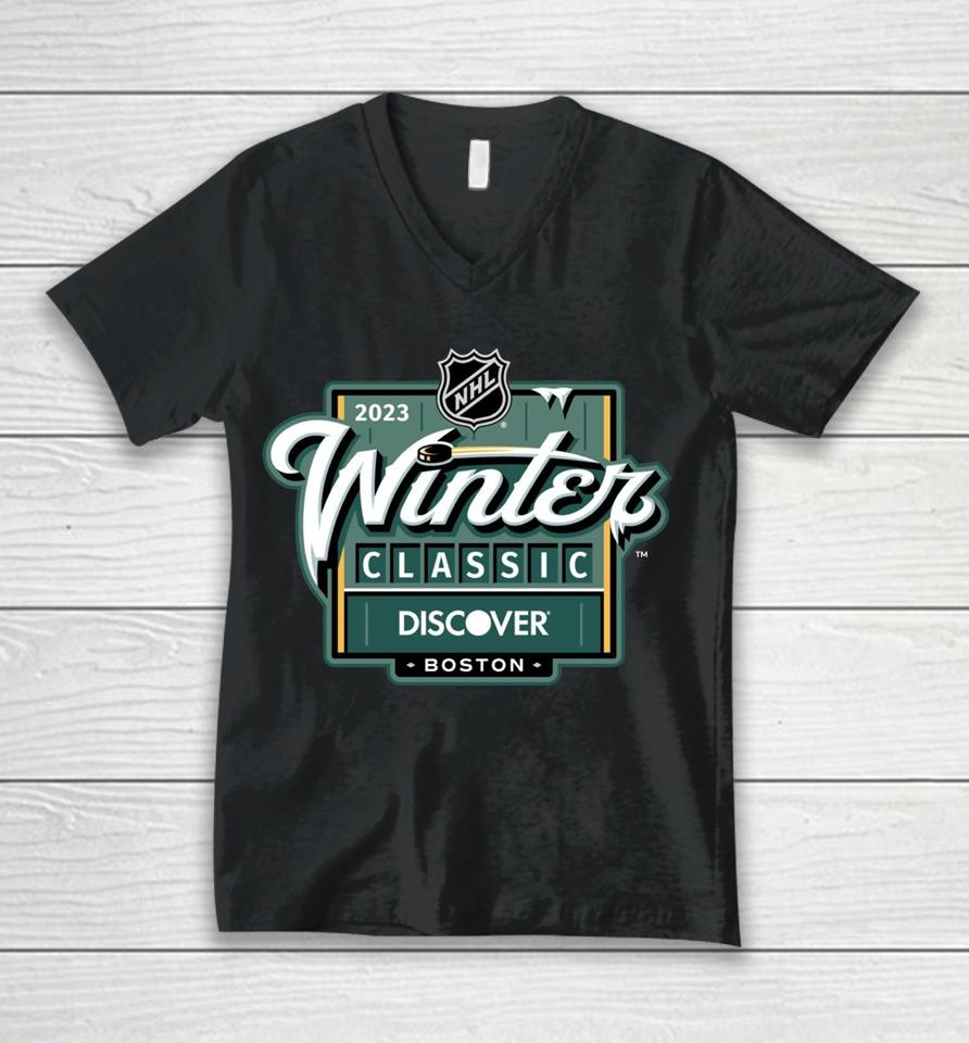 Fanatics Boston Bruins Vs Pittsburgh Penguins 2023 Nhl Winter Classic Event Logo Unisex V-Neck T-Shirt
