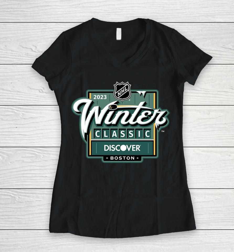 Fanatics Boston Bruins Vs Pittsburgh Penguins 2023 Nhl Winter Classic Event Logo Women V-Neck T-Shirt