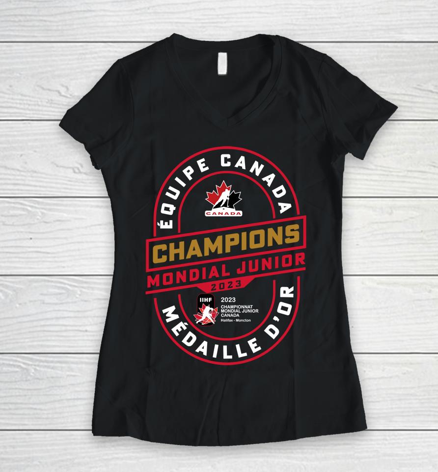 Fanatics Branded Hockey Canada 2023 Iihf World Junior Ice Hockey Gold Medal Champions Women V-Neck T-Shirt