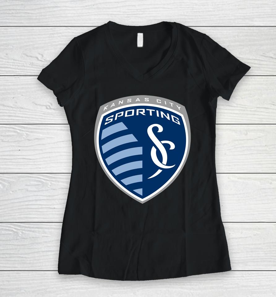 Fanatics Branded Navy Sporting Kansas City Primary Logo Women V-Neck T-Shirt