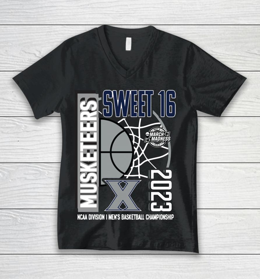 Fanatics Branded Navy Xavier Musketeers 2023 Ncaa Men's Basketball Tournament March Madness Sweet 16 Unisex V-Neck T-Shirt