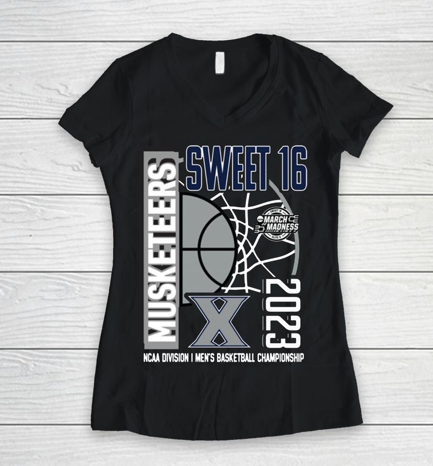 Fanatics Branded Navy Xavier Musketeers 2023 Ncaa Men's Basketball Tournament March Madness Sweet 16 Women V-Neck T-Shirt