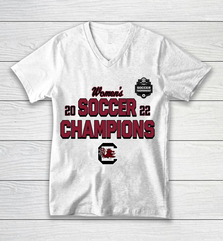 Fanatics Branded South Carolina Gamecocks 2022 Sec Women's Soccer Conference Tournament Champions Unisex V-Neck T-Shirt