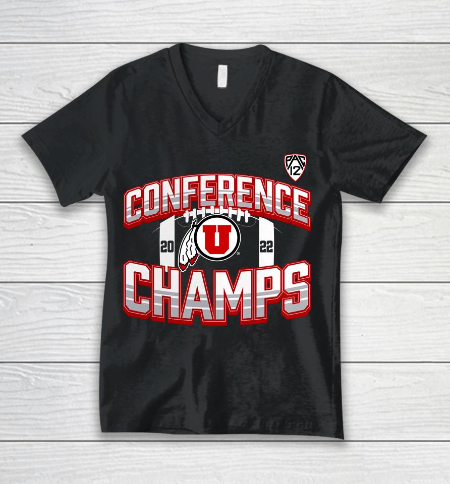 Fanatics Shop Ncaa Black Utah Utes 2022 Pac-12 Football Conference Champions Icon Bold Unisex V-Neck T-Shirt