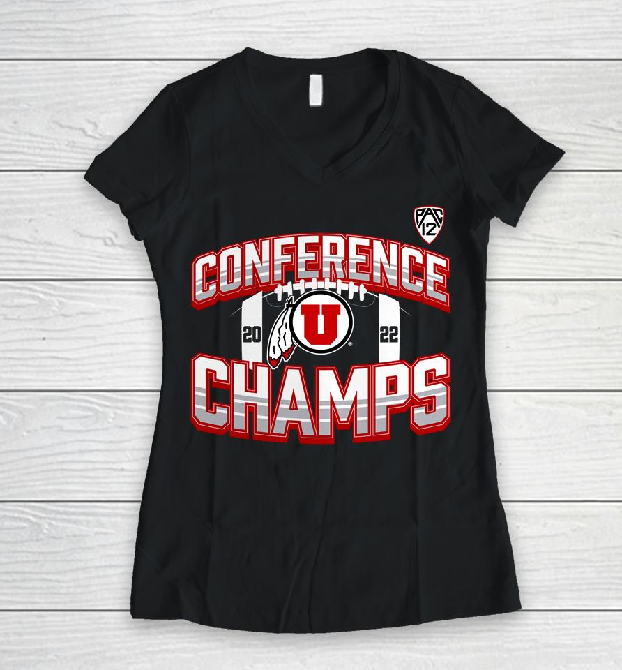 Fanatics Shop Ncaa Black Utah Utes 2022 Pac-12 Football Conference Champions Icon Bold Women V-Neck T-Shirt