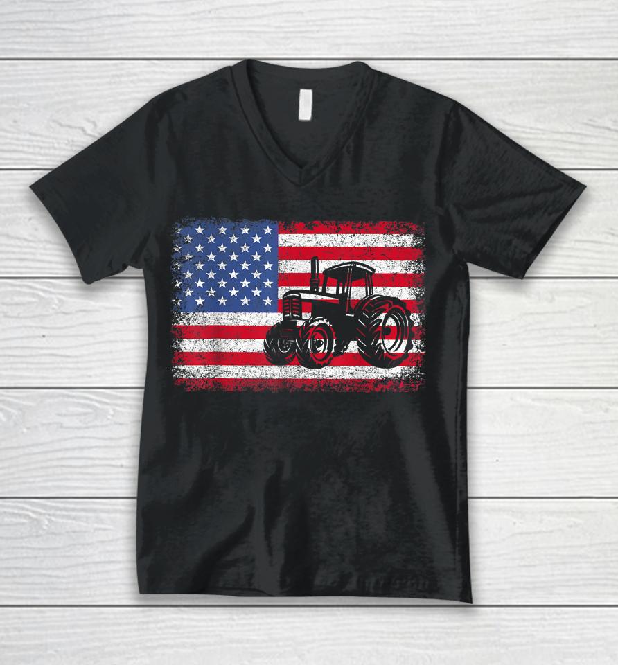 Farm Tractors Usa Flag Patriotic Farming Gift Unisex V-Neck T-Shirt