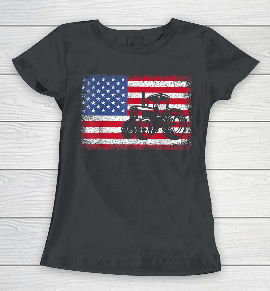 Farm Tractors Usa Flag Patriotic Farming Gift Women T-Shirt