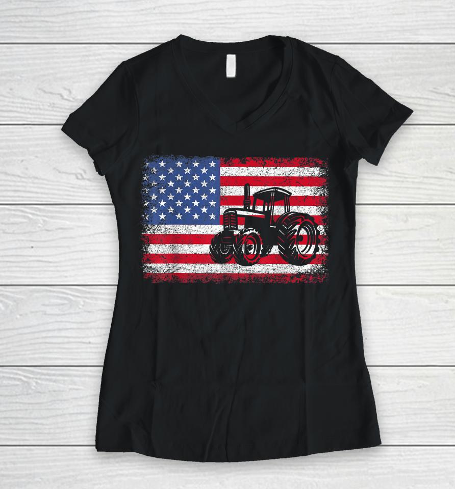 Farm Tractors Usa Flag Patriotic Farming Gift Women V-Neck T-Shirt