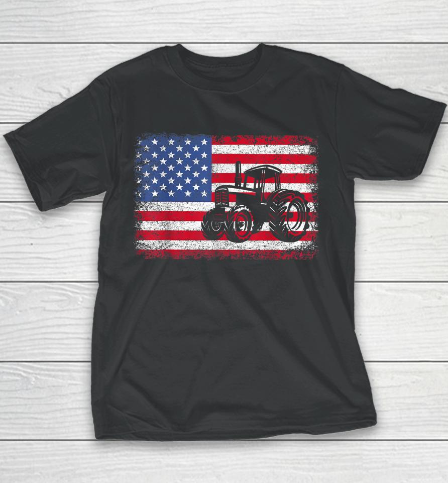 Farm Tractors Usa Flag Patriotic Farming Gift Youth T-Shirt