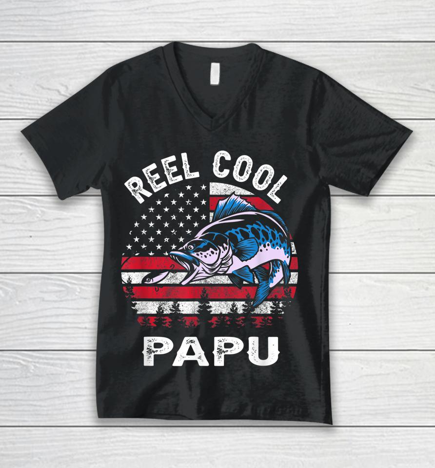 Fathers Day Us Flag Vintage Reel Cool Papu Fishing Unisex V-Neck T-Shirt