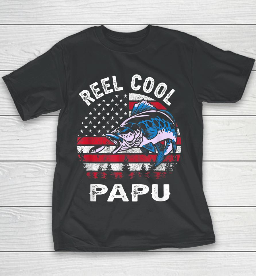 Fathers Day Us Flag Vintage Reel Cool Papu Fishing Youth T-Shirt