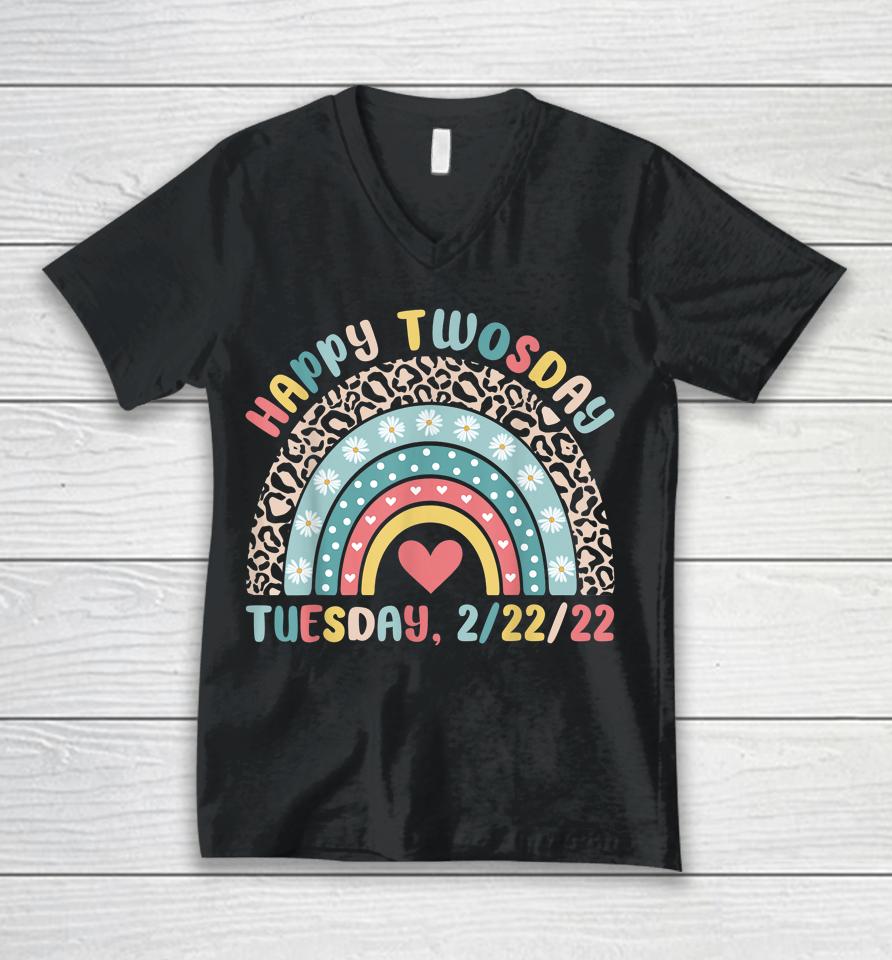 February 2Nd 2022 2-22-22 School Rainbow Happy Twosday 2022 Unisex V-Neck T-Shirt