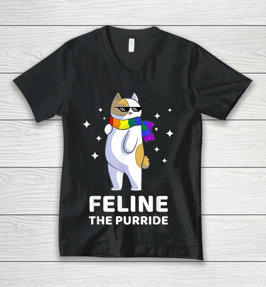 Feline The Purride Lgbt Gay Pride Cat Unisex V-Neck T-Shirt